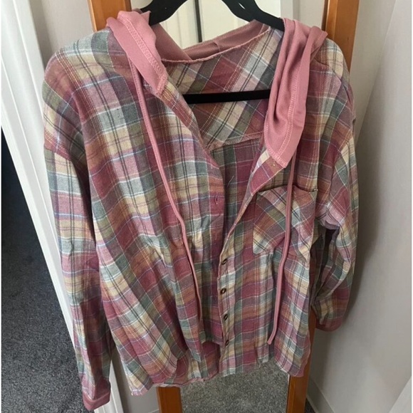Classic Plaid Checkered Hoodie Button Down Up Shirt Top - Picture 5 of 7